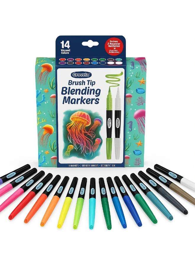 كرايولا Crayola Blending Markers Set, 16 Count with 2 Colorless Blenders – Brush Tip Art Markers for Adults & Teens, Ideal for Coloring & Blending Effects